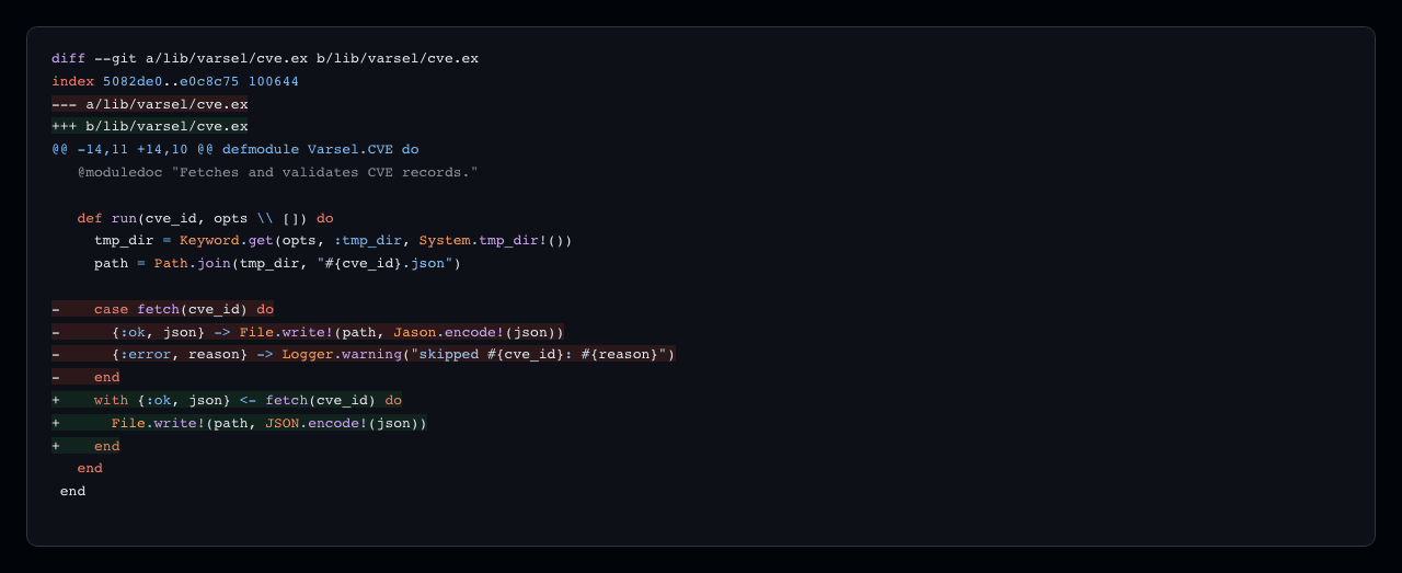 A git diff of an Elixir file, rendered with catppuccin_frappe: the unchanged lines
carry Elixir keyword, module and atom colours, and the removed and added lines
keep their red and green backgrounds underneath them.